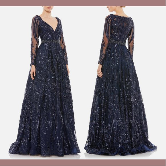 NWT $598 Mac Duggal [ 18 ] Damask Sequin Long‎ Sleeve Gown in Midnight Blue - Picture 15 of 16